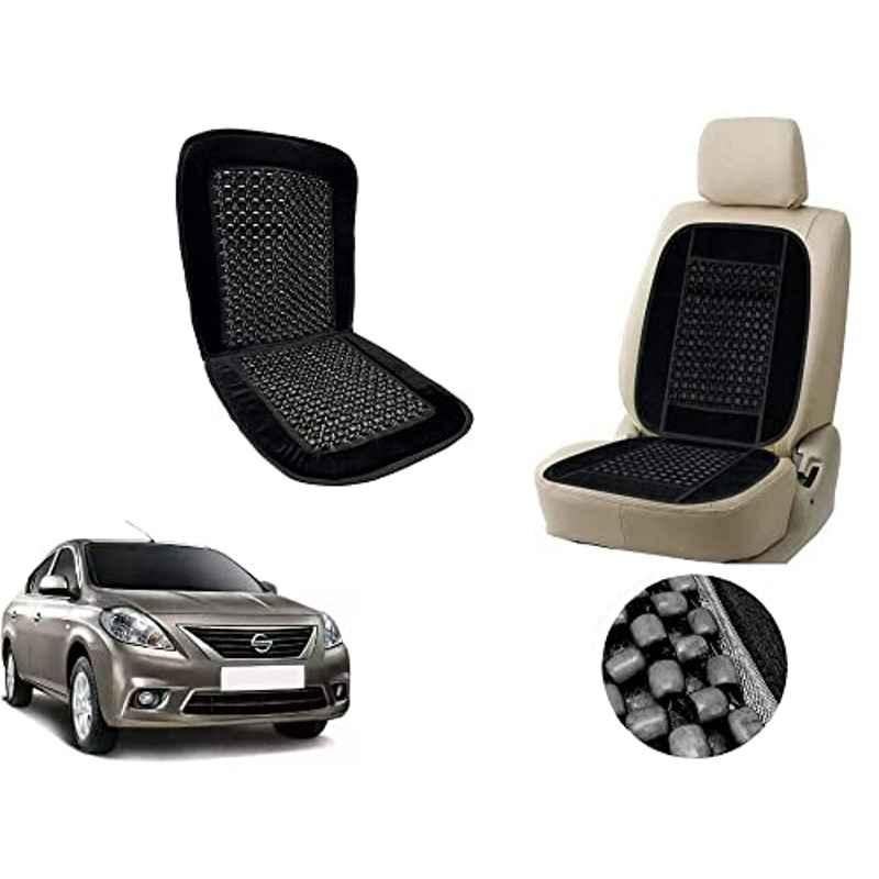 Auto Pearl PU, Velvet & Wooden Beads Black Rectangular Seat Cushion for Nissan Sunny