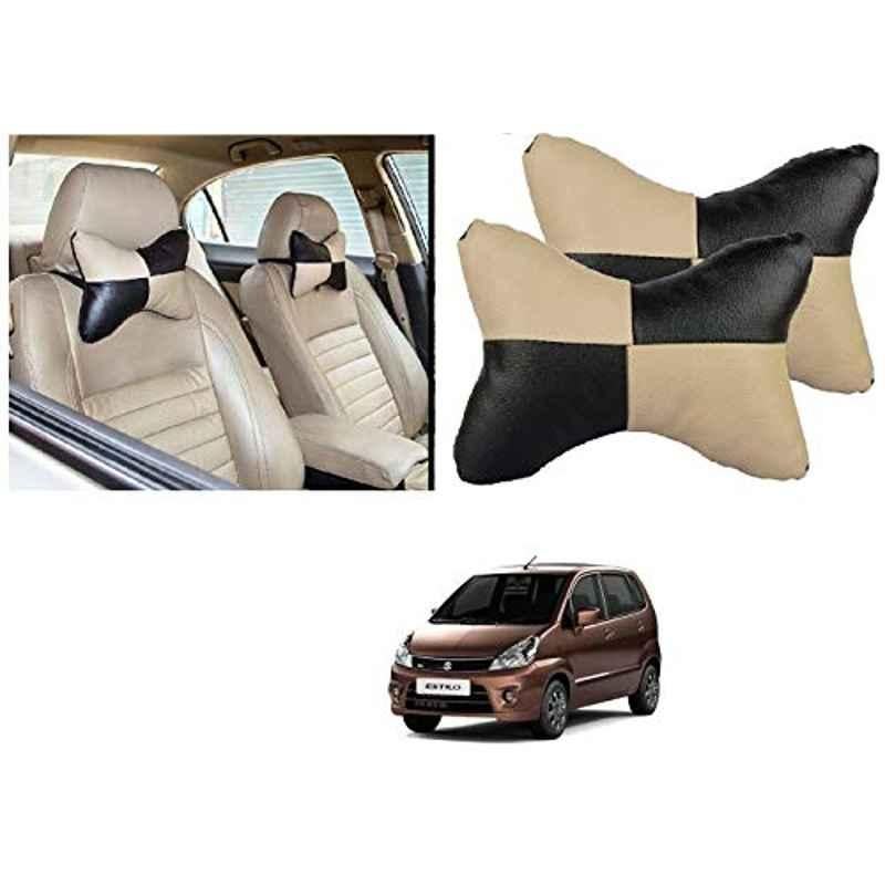 Kozdiko 2 Pcs Black & Beige Car Square Chess Design Neck Rest Seat Pillow Set for Maruti Suzuki Zen Estilo