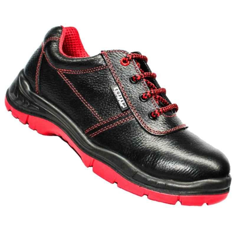 Coffer Safety M1092 Leather Steel Toe Black & Red Work Safety Shoes, Size: 11