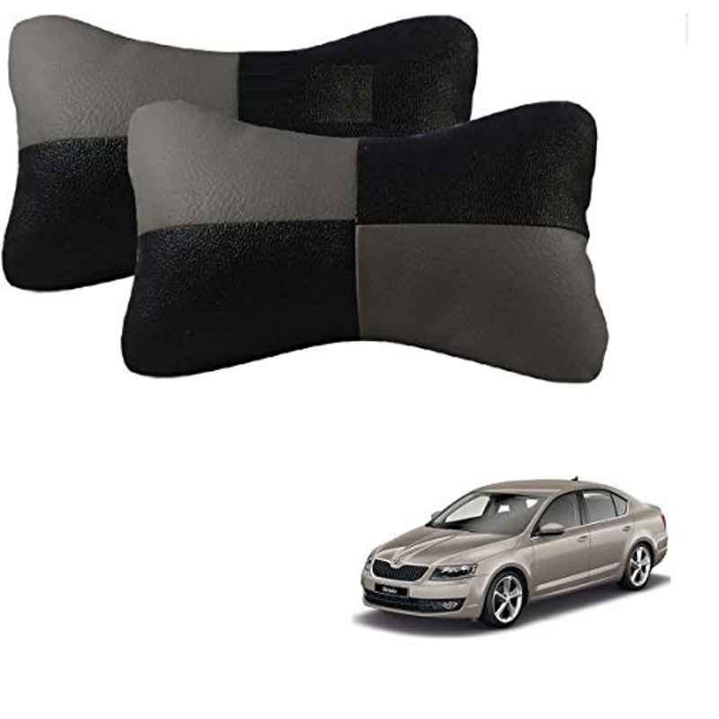 Kozdiko 2 Pcs Leather Grey & Black Neck Rest Car Cushion Pillow Set for Skoda Octavia (2013-Present)