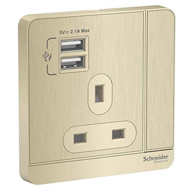 Schneider AvatarOn 13A 250V 3 Pole Metal Gold Hairline Switched Socket with 2 USB, E8315USB_GH_G12