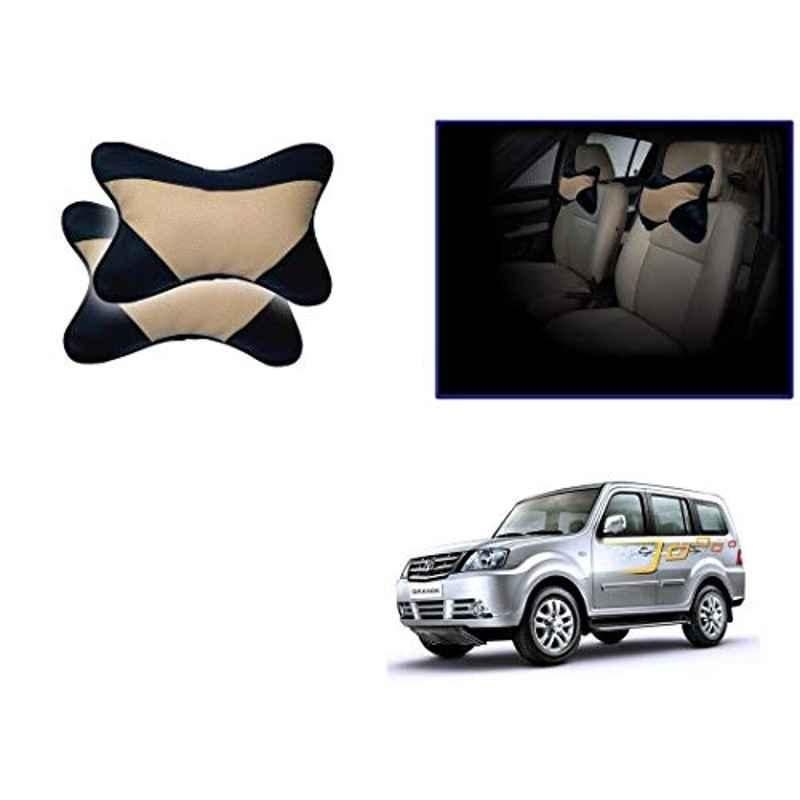Kozdiko 2 Pcs Memory Foam Beige & Black Car Neck Rest Cushion Pillow Set for Tata Sumo Grand