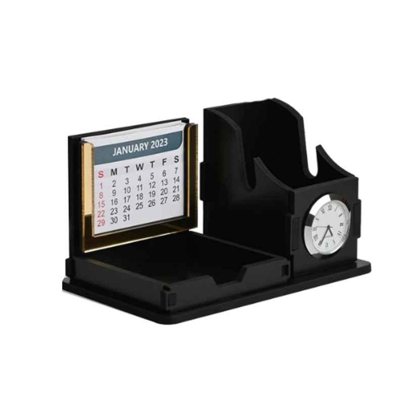 Gift Kya De Desk MDF Engineering Wood Black Pen Holder with Clock & Calendar, GKD000259-BK