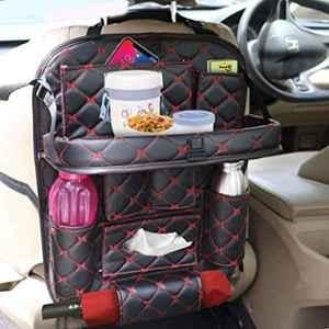 AllExtreme EXFTEXRB PU Leather Red & Black Car Back Seat Organizer with Foldable Table Tray, Backseat Bottle & Tissue Holder