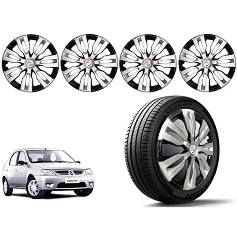 Auto Pearl 4 Pcs 14 inch Polypropylene Silver & Black Press Type Car Wheel Cover Set with Retention Ring for Mahindra Renault Logan, 14WC_DzireT2_DC_Logan