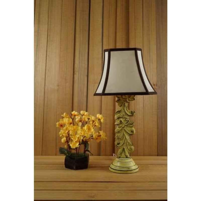 Tucasa Mango Wood Yellow Carving Table Lamp with 10 inch Polycotton Stripe Square Shade, WL-73