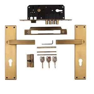 Voltizi ‎Stainless Steel ‎Antique Brass Finish Mortise Bedroom Door Lock Set with 4 Latches, Both Side Key Cylinder & Pull Handle, MG201