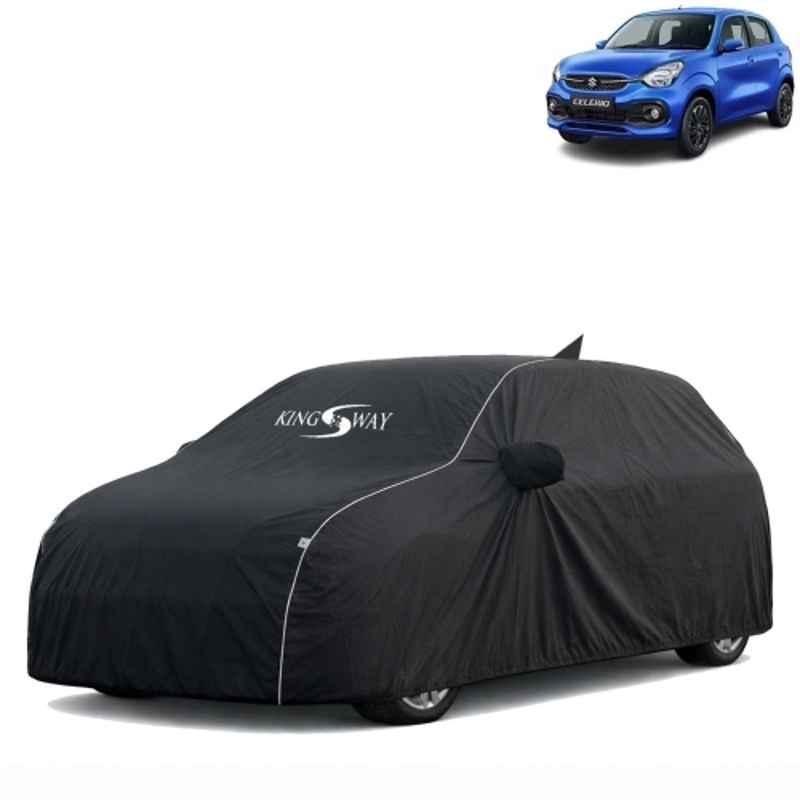 Kingsway Super Waterproof All Weather Protection Polypropylene Black Car Cover for Maruti Suzuki Celerio 2021 Onwards with Silver Piping, Mirror & Antenna Pockets