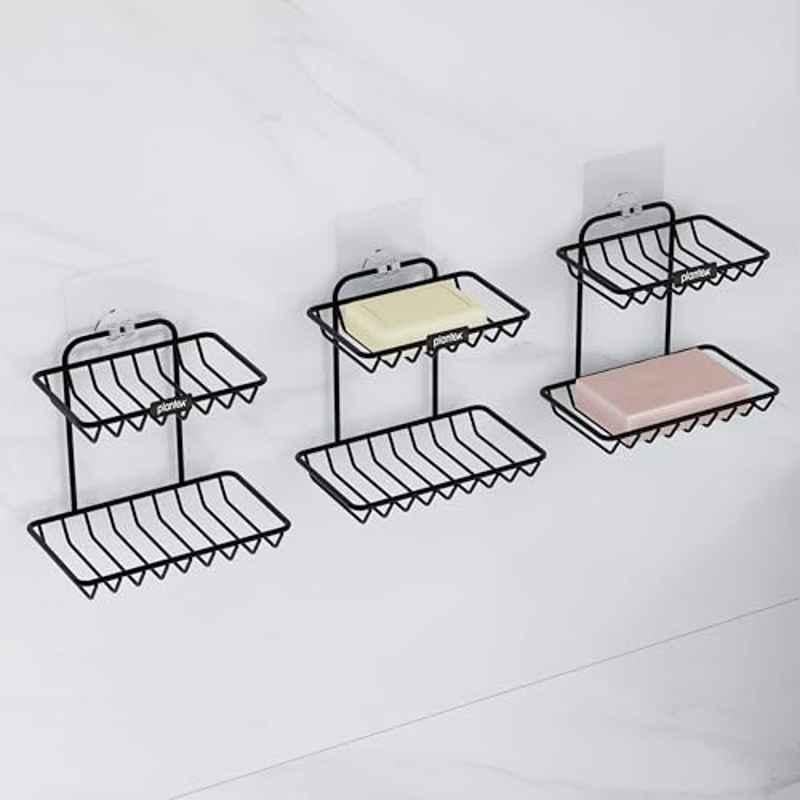 Plantex Self Adhesive Soap Holder for Bathroom/GI Steel Soap Case/2 Layer Soap Storage/Bathroom Accessories (Pack of 3) Black