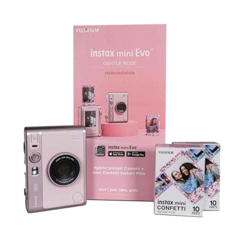 Fujifilm Instax Mini Evo 28mm Premium Edition Gentle Rose Hybrid Instant Camera with 20 Shots of Stone Gray Film & 100 Different Expressions