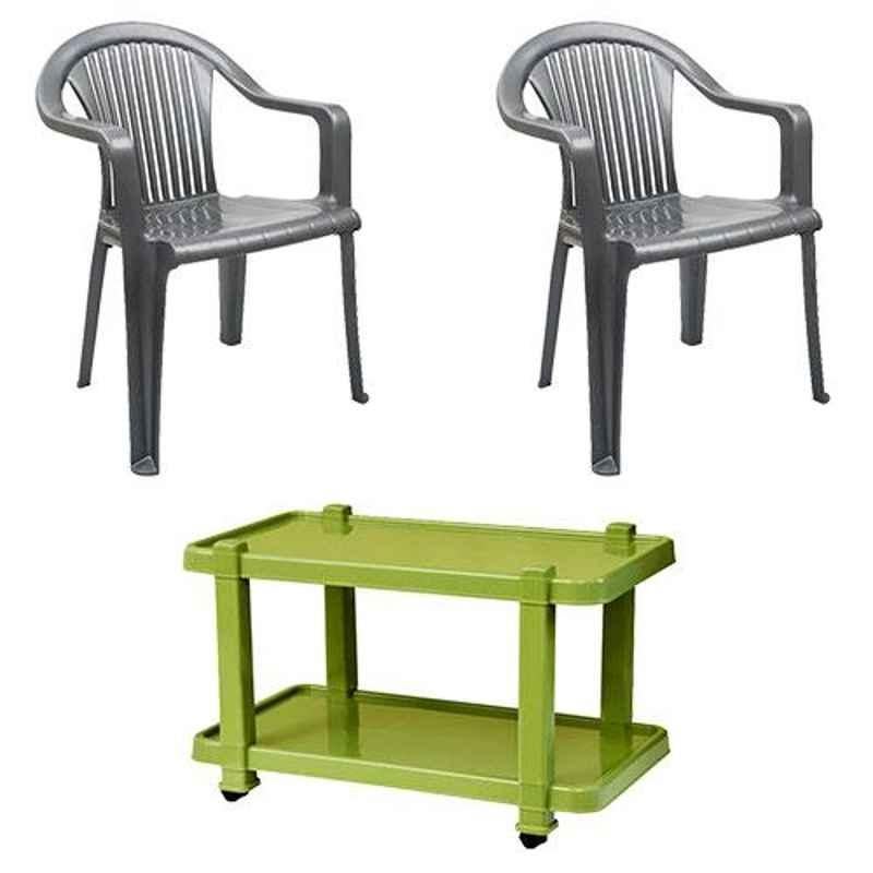 Italica 2 Pcs Polypropylene Metallic Silver Premium Arm Chair & Green Table with Wheels Set, 9201-2/9509