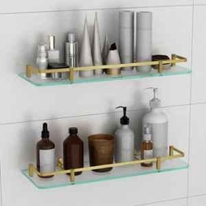 Plantex Shelf for Bathroom/Frosted Glass Shelf with Brass Railings & Brackets/Shelf for Kitchen/Bedroom/Living Room (Pack of 2) 18x6 inch, Antique Brass
