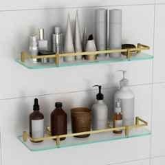 Plantex Shelf for Bathroom/Frosted Glass Shelf with Brass Railings & Brackets/Shelf for Kitchen/Bedroom/Living Room (Pack of 2) 18x6 inch, Antique Brass