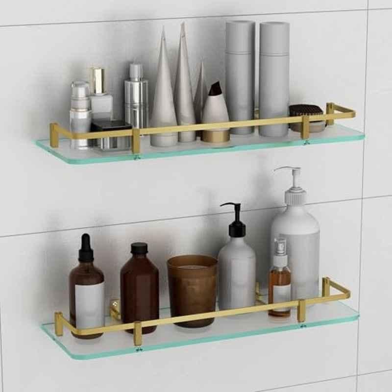 Plantex Shelf for Bathroom/Frosted Glass Shelf with Brass Railings & Brackets/Shelf for Kitchen/Bedroom/Living Room (Pack of 2) 18x6 inch, Antique Brass