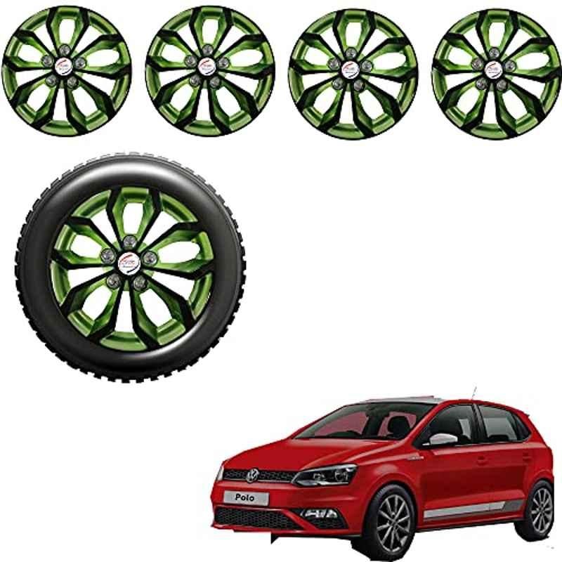 Auto Pearl 4 Pcs 15 inch Black & Green ABS Press Type Hubcap Wheel Cover Set with Retention Ring for Volkswagen Polo