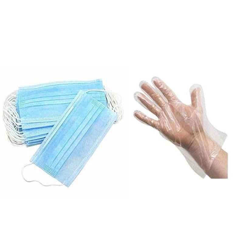 Siddhivinayak 3 Ply Non-Woven & Poliy Plastic Gloves (Pack of 200)& Melt Blown Blue Disposable Face Mask (Pack of 100)