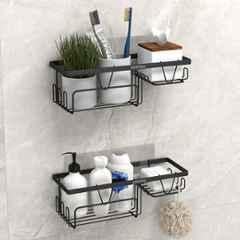 Plantex Shelf with Soap Dish for Bathroom/GI Steel Self Adhesive Bathroom Organizer/Soap Holder with Hook/Bathroom Accessories (Pack of 2) Black