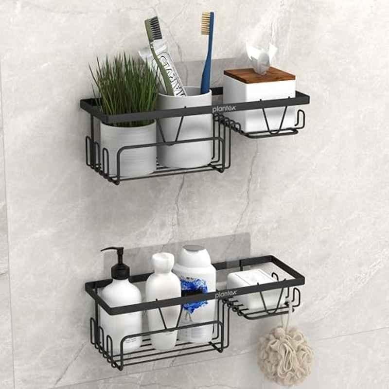 Plantex Shelf with Soap Dish for Bathroom/GI Steel Self Adhesive Bathroom Organizer/Soap Holder with Hook/Bathroom Accessories (Pack of 2) Black