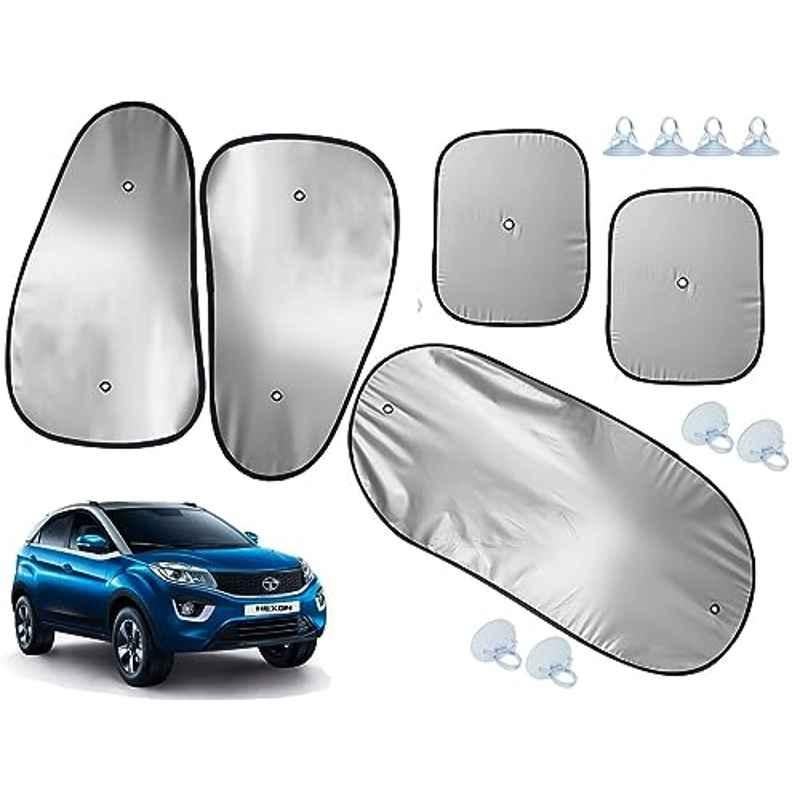 Auto Pearl 5 Pcs Polyester Black & Silver Window & Rear Sun Shade Set for Tata Nexon 2017-2019