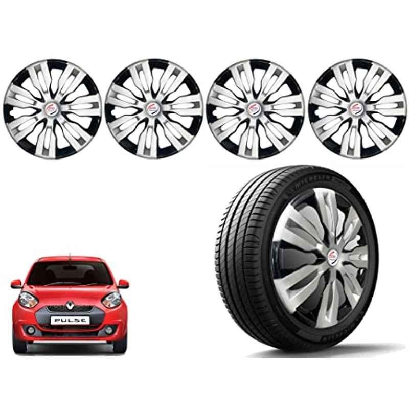 Auto Pearl 4 Pcs 14 inch Polypropylene Silver & Black Press Type Car Wheel Cover Set with Retention Ring for Renault Pulse, 14WC_DzireT2_DC_Pulse