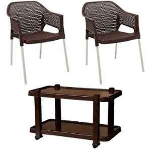 Italica 2 Pcs Polypropylene Tan Brown Plasteel Arm Chair & Nut Brown Table with Wheels Set, 1209-2/9509