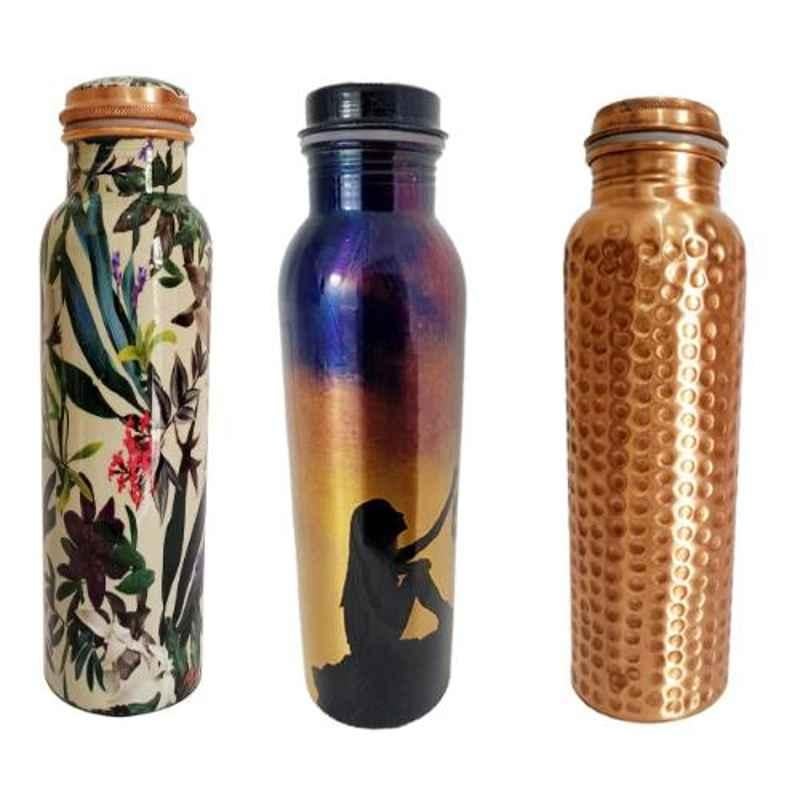 Healthchoice 1L Leaf, Lonely & Hamred Copper Jointless Water Bottle (Pack of 3)