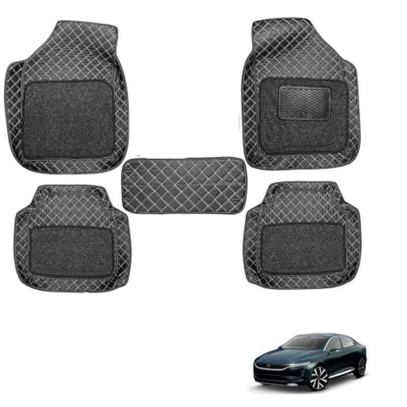 Kozdiko 5 Pcs Waterproof & Luxury 7D Black Leatherette Car Floor Mat Set for Tata Evision