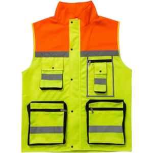 Sicuro Polyester Neon Green & Orange Hi-Visibility Collared Work Wear Safety Jacket for Men, Size: L
