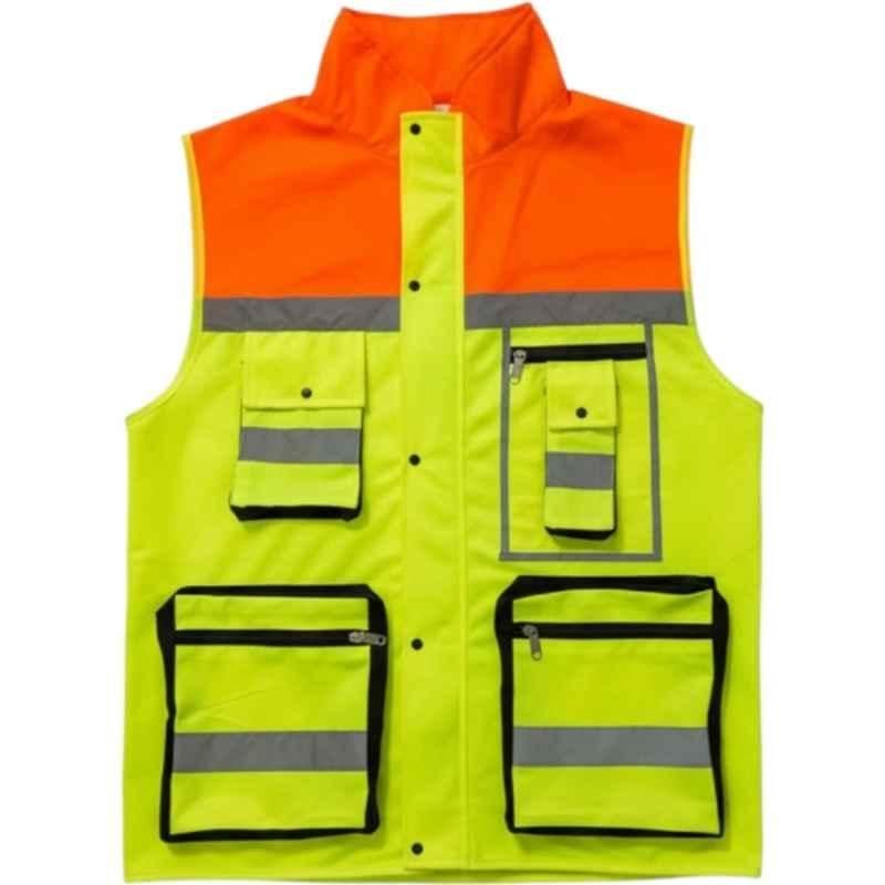 Sicuro Polyester Neon Green & Orange Hi-Visibility Collared Work Wear Safety Jacket for Men, Size: L