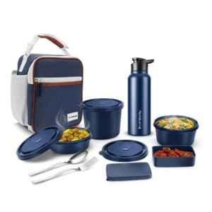 Longway Kivo Stainless Steel & Plastic Indigo Lunch Box with 3 Container, 750ml Bottle & Insulated Bag