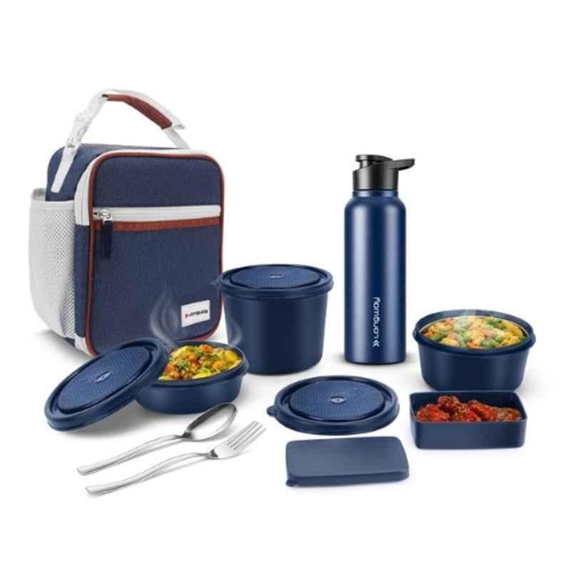 Longway Kivo Stainless Steel & Plastic Indigo Lunch Box with 3 Container, 750ml Bottle & Insulated Bag