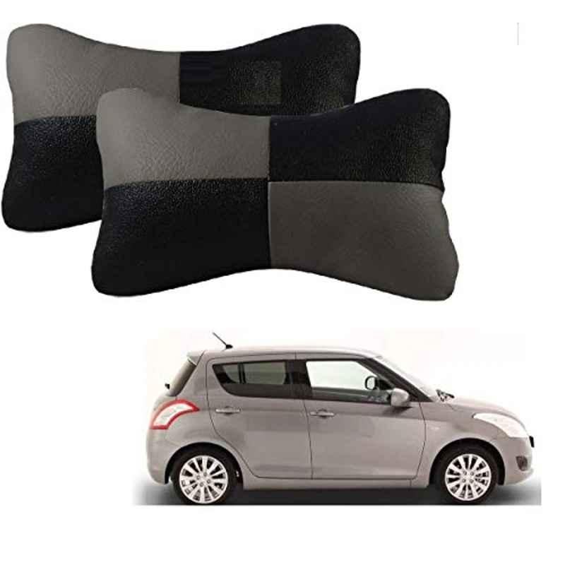 Kozdiko 2 Pcs Leather Grey & Black Neck Rest Car Cushion Pillow Set for Maruti Suzuki Swift Type-2(2011_2017)