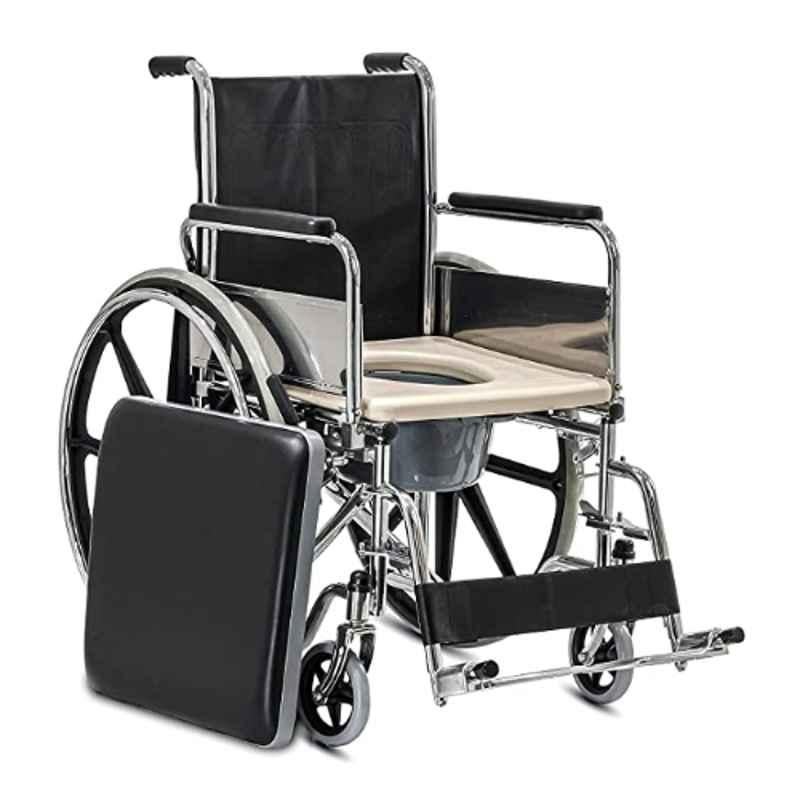 VMS Deluxe 100kg Steel Black Foldable Commode Cum Wheelchair, VWE-1042