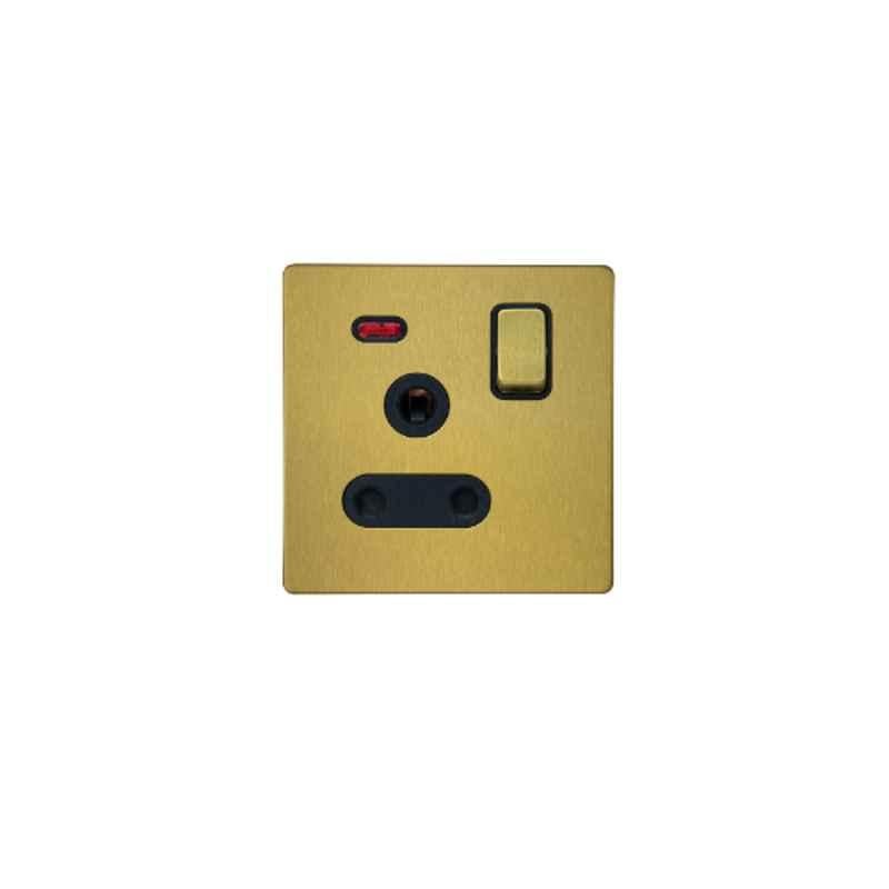 RR Vivan Metallic 15A Brushed Gold Single Outlet Switched Socket with Neon & Black Insert, VN6673M-B-BG