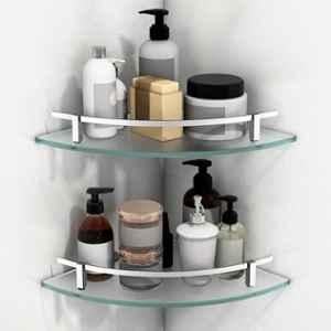 Plantex Premium Glass Corner Shelf for Bathroom/Bathroom Corner Shelf/Kitchen Glass Shelf/Wall Mounted Shelf with Brass Railings & Wall Brackets 9x9 inch (Pack of 2) Frosted