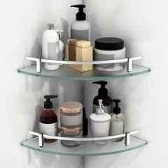 Plantex Premium Glass Corner Shelf for Bathroom/Bathroom Corner Shelf/Kitchen Glass Shelf/Wall Mounted Shelf with Brass Railings & Wall Brackets 9x9 inch (Pack of 2) Frosted