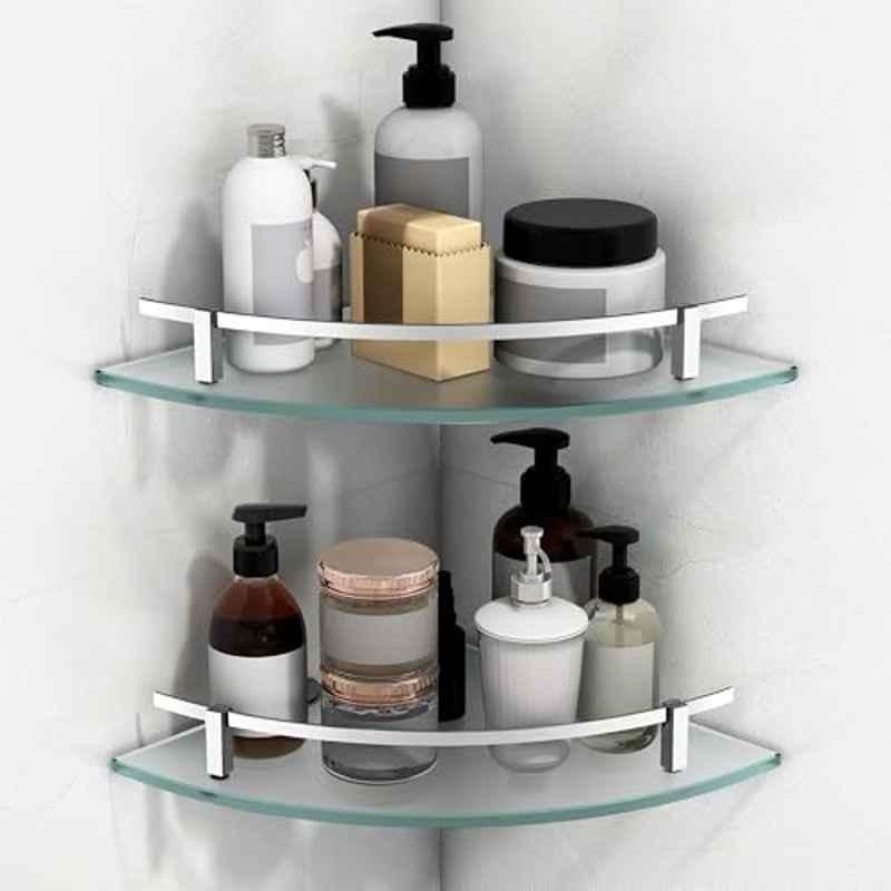 Plantex Premium Glass Corner Shelf for Bathroom/Bathroom Corner Shelf/Kitchen Glass Shelf/Wall Mounted Shelf with Brass Railings & Wall Brackets 9x9 inch (Pack of 2) Frosted
