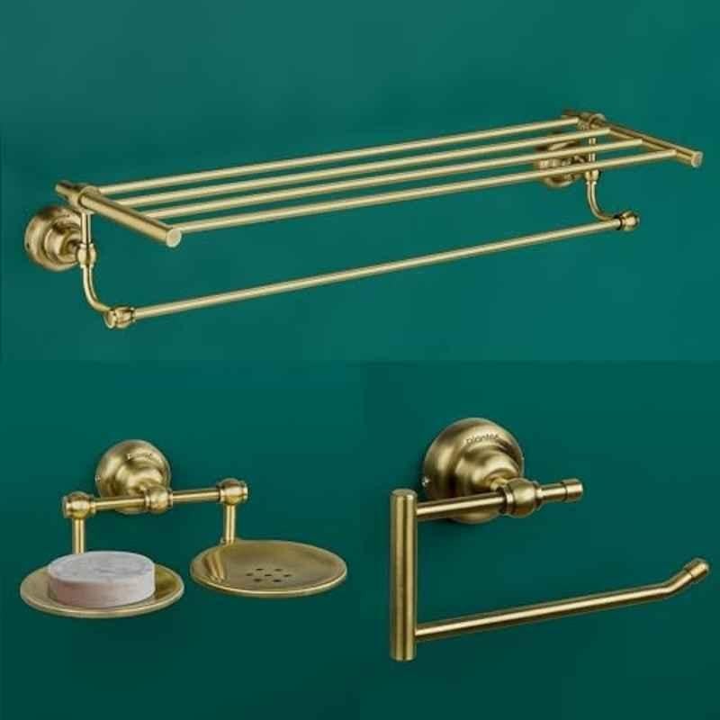 Plantex 3 Pcs Skyllo Stainless Steel Antique Brass Finish Wall Mount Bathroom Accessories Set