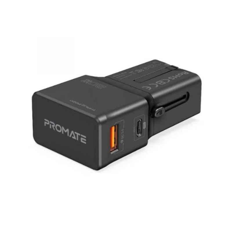 Promate TriPlug-PD20 20W Black Sleek Universal Travel Adapter with Quick Charge 3.0