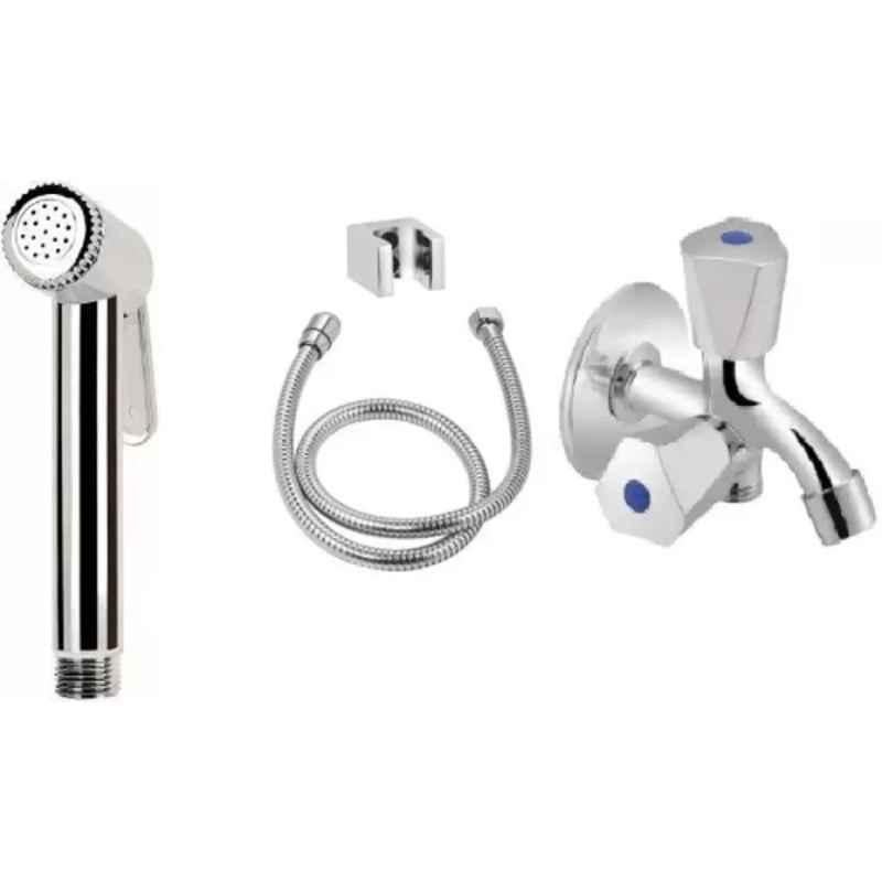 Fastgear 4 Pcs Stainless Steel Chrome Finish 2 Way Bib Tap, Health Faucet, Connection Pipe & Hook Kit