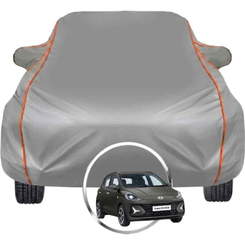 Allextreme Polyester Grey Car Cover with Triple Stitched Reflective Piping for Hyundai Grand i10 Fits All Model & Year, H-Gi10-BLK