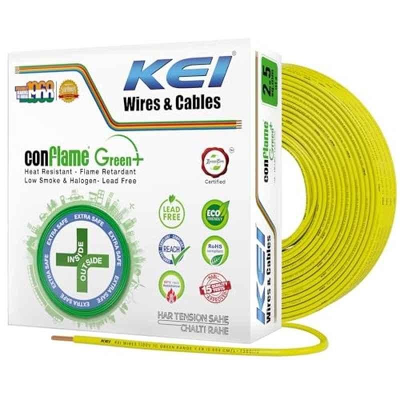 KEI Conflame Green Plus 2.5Sqmm Yellow PVC Insulated 99.97% Copper FRLSH House Wire for Domestic & Industrial Electrical Wiring, Length: 180 m