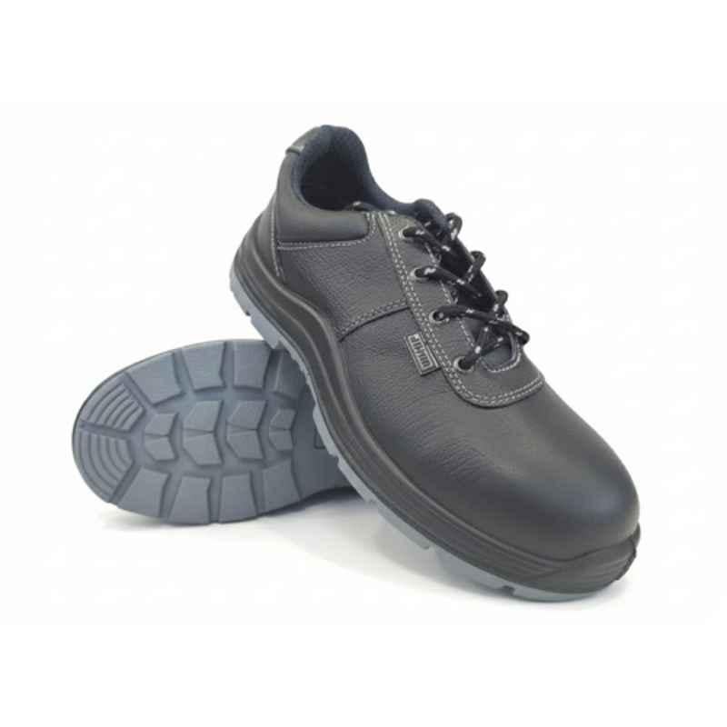 Jama Buffalo Grain Leather Steel Toe Black Safety Shoes with PU Sole Double Density, JB-164, Size: 9