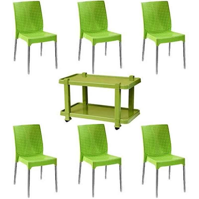 Italica 6 Pcs Polypropylene Green Plasteel without Arm Chair & Green Table with Wheels Set, 1206-6/9509