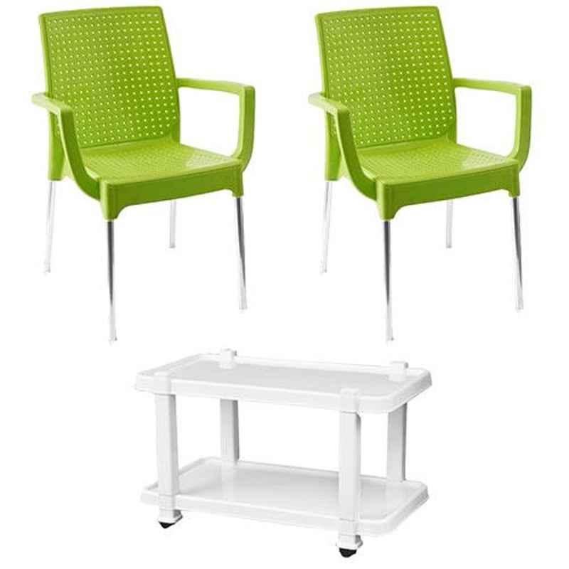 Italica 2 Pcs Polypropylene Green Plasteel Arm Chair & White Table with Wheels Set, 1215-2/9509