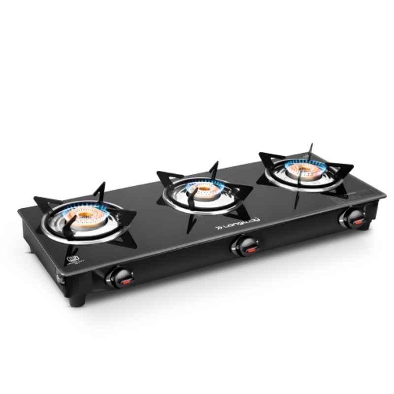 Longway Furn 3 Burner Black Glass Top Manual Gas Stove