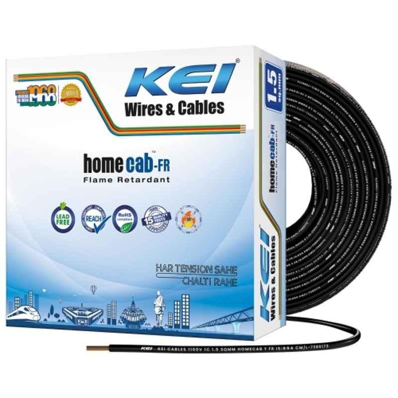 KEI Homecab 1.5 Sqmm 1 Core 99.97% Pure Copper Conductor FR PVC Insulated Cable for Domestic & Commercial Electrical Wiring (Black, 90 Meters)