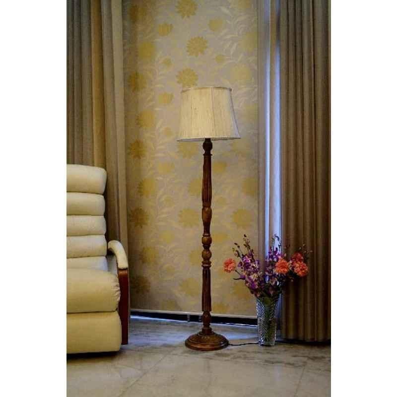 Tucasa Mango Wood Brown Floor Lamp with Off White Cylindrical Polycotton Shade, WF-15