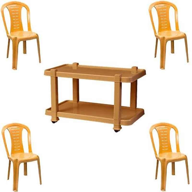 Italica 4 Pcs Polypropylene Marble Beige Without Arm Chair & Marble Beige Table with Wheels Set, 9312-4/9509