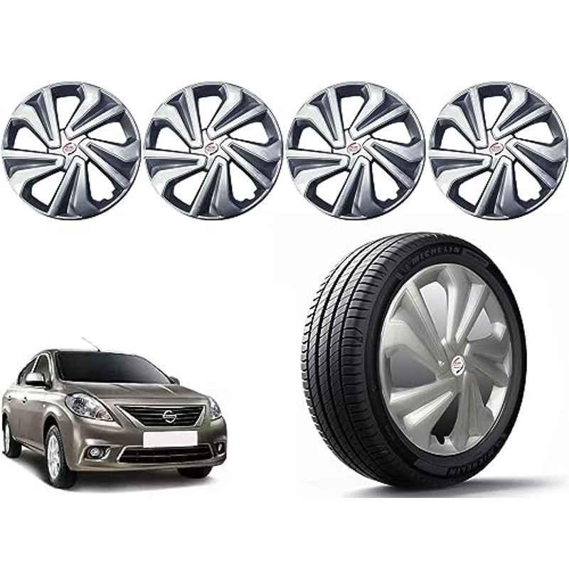 Auto Pearl 4 Pcs 14 inch Polypropylene Silver Press Type Car Wheel Cover Set with Retention Ring for Nissan Sunny 2011-2014, 14WC_Tiago_Silver_Sunny2011_2014